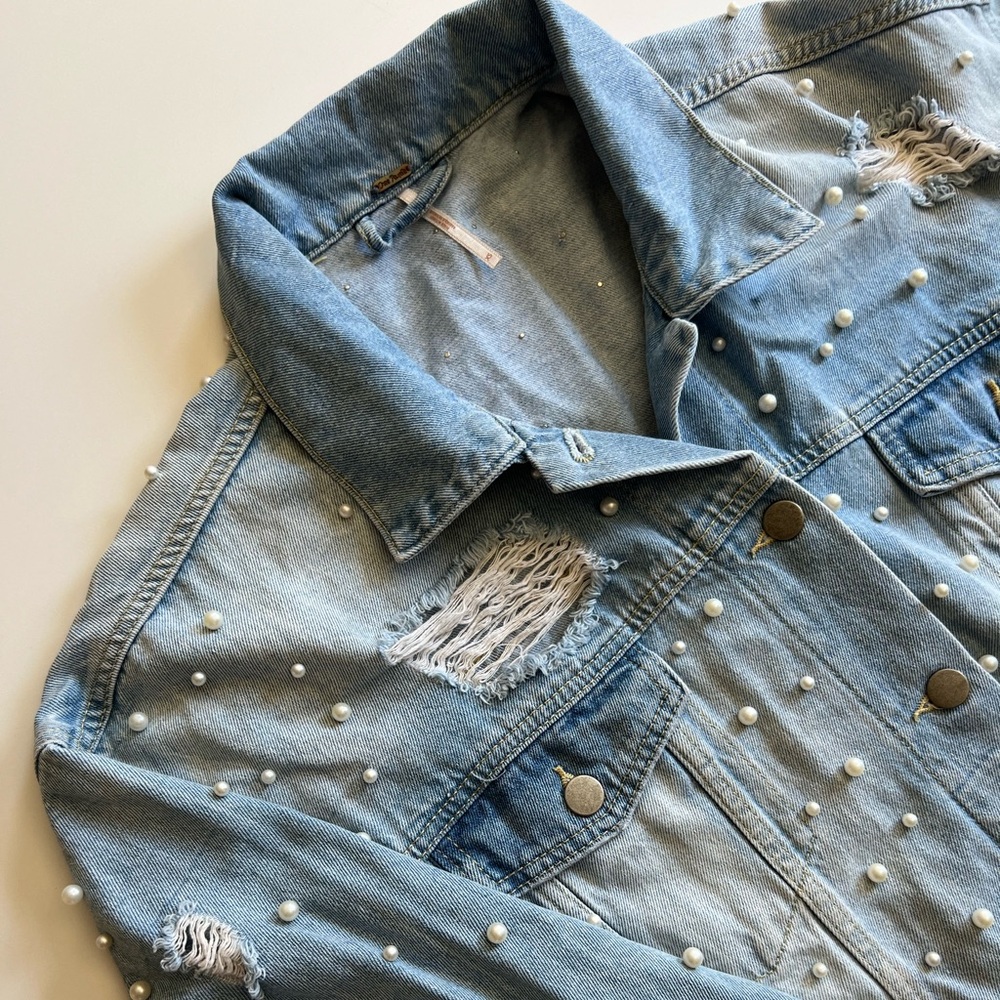 Free People Sunday Funday Pearl Embellished Oversized Denim Jacket